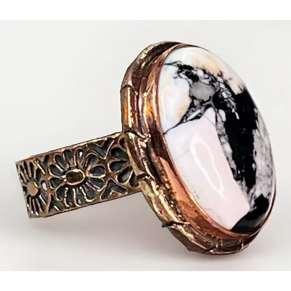 White Buffalo Turquoise Southwestern Copper Cigar Band Adjust Ring Hand Stamped